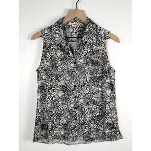 Tianello Womens XS Button Up Sleeveless Top Floral Black White Tencel Blouse